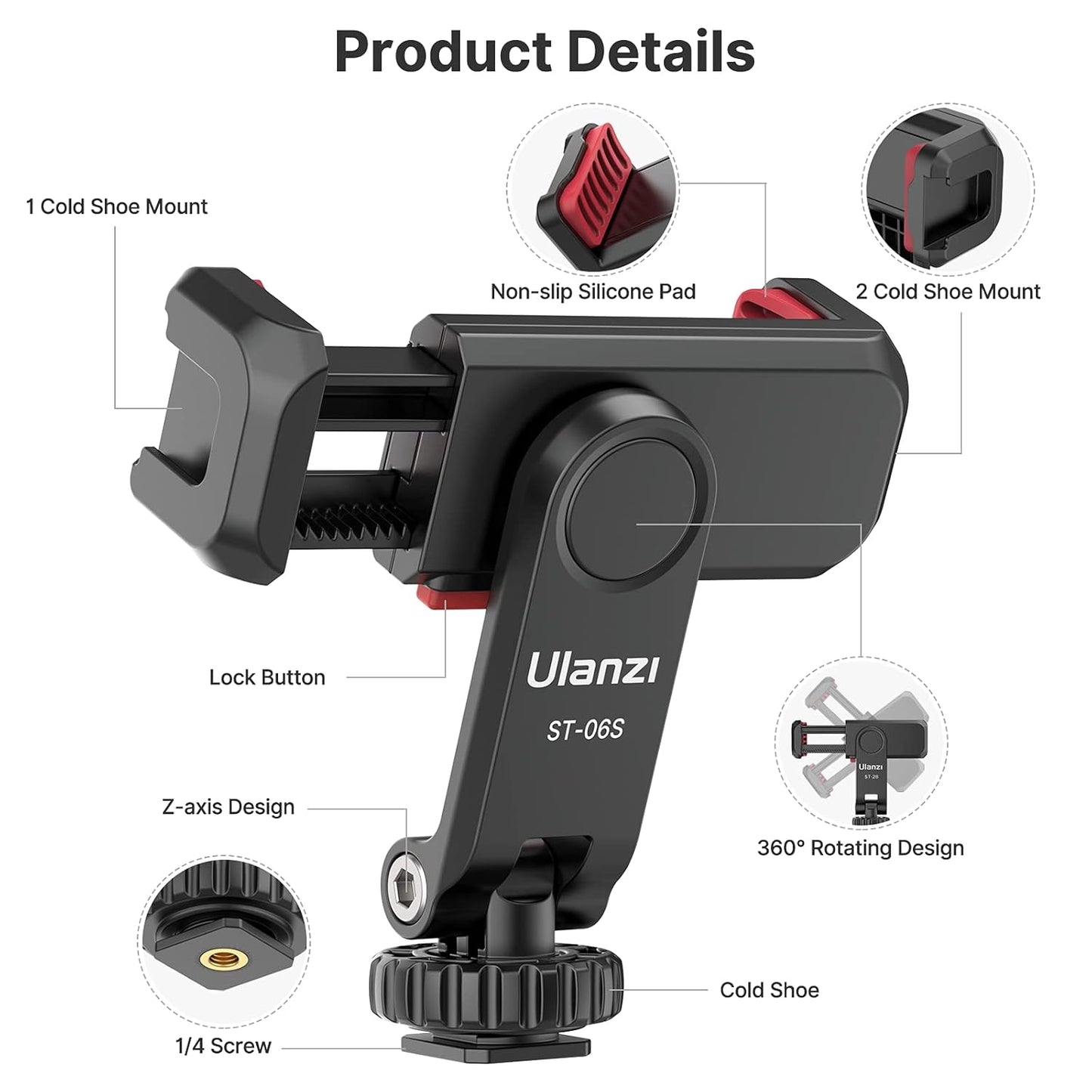 ULANZI Phone Tripod Mount ST-06S, Universal Smartphone Mount Adapter with 2 Cold Shoe, 360° Rotates and Adjustable Cell Phone Clip Clamp Holder, Compatible with iPhone, Samsung Galaxy and All Phones