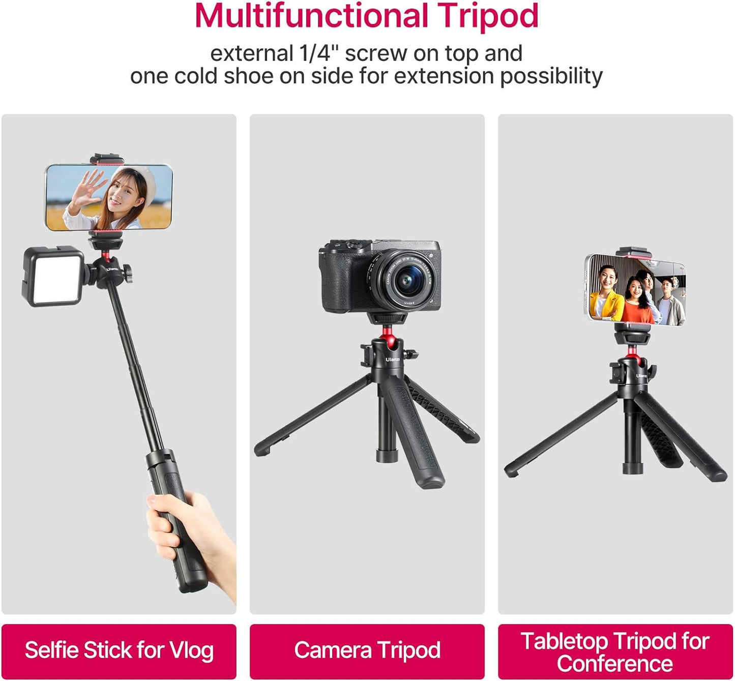 Ulanzi MT-16 Camera Tripod Stand Holder, Mini Tabletop Tripod Selfie Stick with Cold Shoe, Travel Tripod for iPhone 12 Canon G7X Mark III Sony ZV-1 RX100 VII A6600 Vlogging Filmmaking Live Streaming