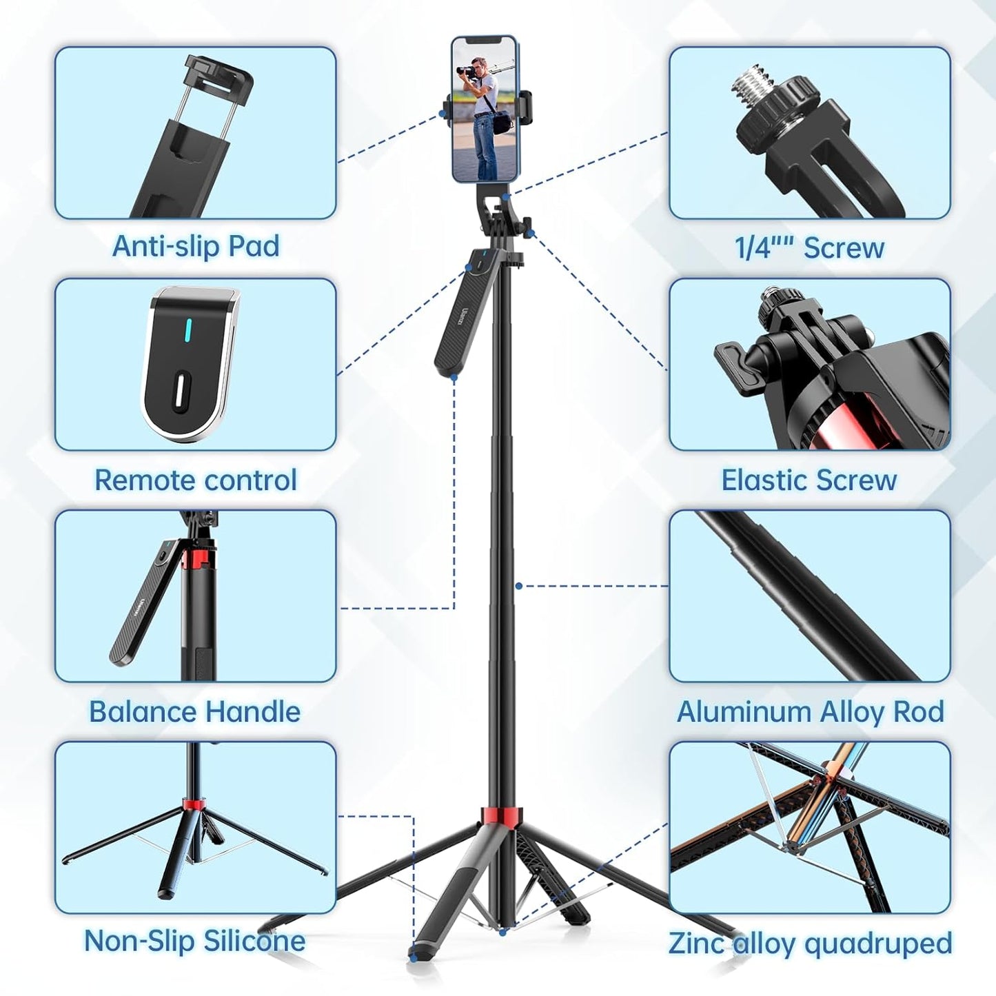 ULANZI MA09 Extendable Phone Tripod, 71" Selfie Stick Phone Vlog Tripod Stand Quadrapod with All in 1 Phone Clip, Travel Tripod Phone Holder with Rechargeable Remote for iPhone Sony Canon GoPro