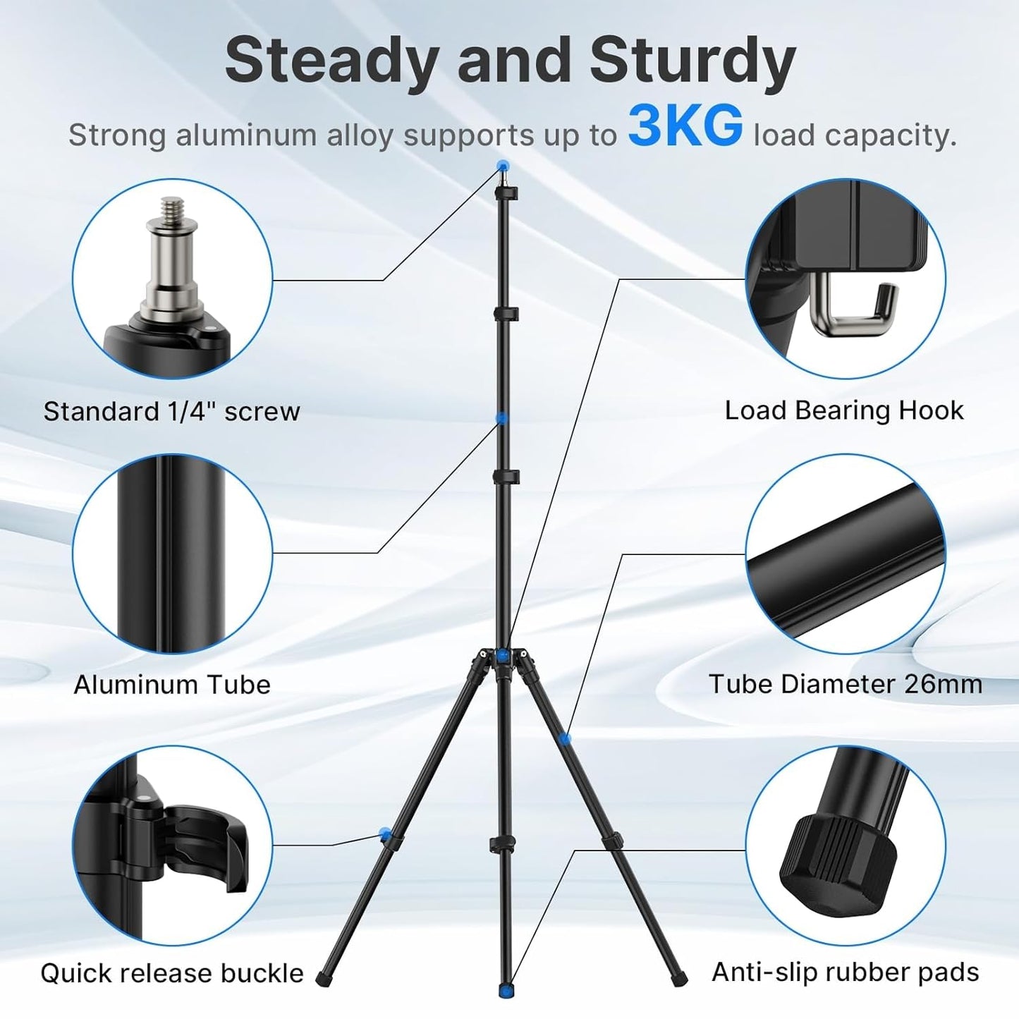 ULANZI TT43 Light Stand Tripod, Extendable 6.23ft Tripod Stand Photography Adjustable Aluminum, Portable Lighting Solution for Strobe Lights, Webcams, Cameras, and Softboxes