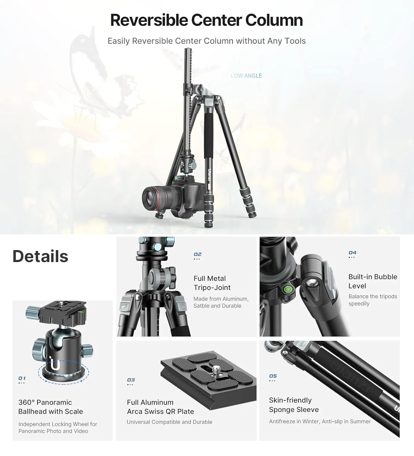 Ulanzi MT-59 Camera Tripod Monopod | Boom Arm Extension for Product Food & Macro Photography| 1/4'' screw hole | Payload 15KG | Weight 2.45Kg | 4 sections 21-176cm | Carry Bag | 1 Year Warranty