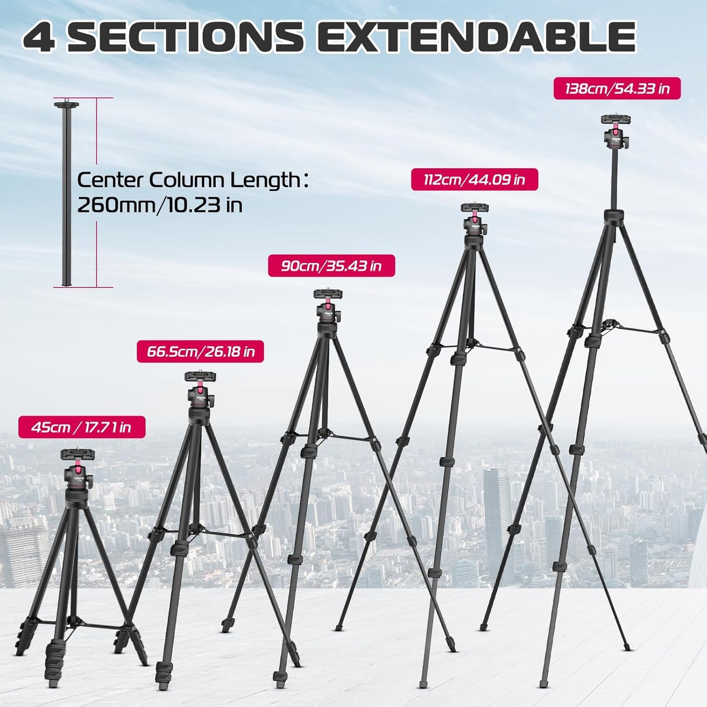 ULANZI Select TT51 Portable Tripod Stand I 360° Rotable Ball Head I Hidden Cold Shoe Phone Holder I 600g Lightweigt I 1.38m/51in Long I 5 Section Extenable Vlog Tripod