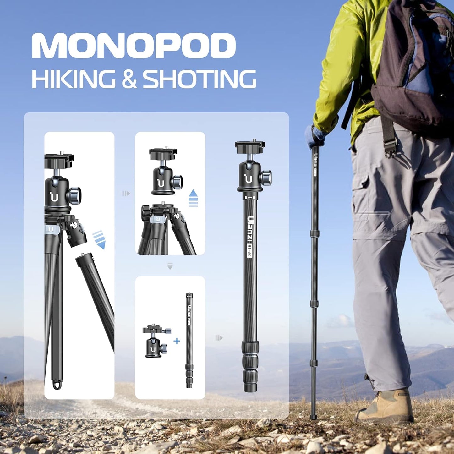 Ulanzi MT-60 Lightweight Camera Tripod, Professional 63.77" Carbon Fiber Travel Tripod with 360°Ball Head, Quick Release Plate for Cameras/DSLR/Projector, Adjustable Height 21.25-63.77 inches