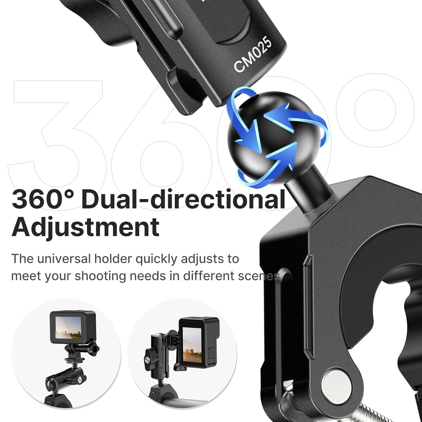 Hiffin Ulanzi CM025 Motorcycle Camera Mount with Dual Ball Head | 360° Adjustable Handlebar Clamp Mount for GoPro, Insta360, DJI Action Cameras & Smartphones | Aluminum Alloy & Motorcycle Accessory