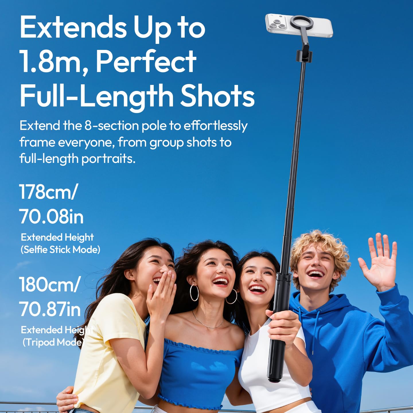 ULANZI Magnetic Phone Tripod-71'' Auto Open Selfie Stick Features Lift to Fold, Extendable Selfie Stick w Remote Cell Phone Tripod Stand for Live Recording Vlog for iPhone 17 16 15 14 Series Black