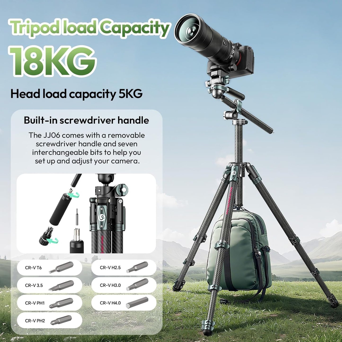 ULANZI JJ06 GlideGo Carbon Fiber Video Tripod, Dual 360° Pan Head, 73.6 inch Max Height, 11 lb Load, Quick Release Plate