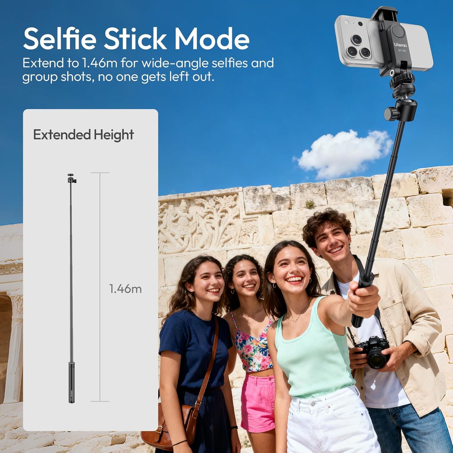 Upgrade ULANZI TT24 Selfie Stick Tripod with One-Touch Opening, 59" CKa Quick-Release Extension Pole Adjustable Handle Grip