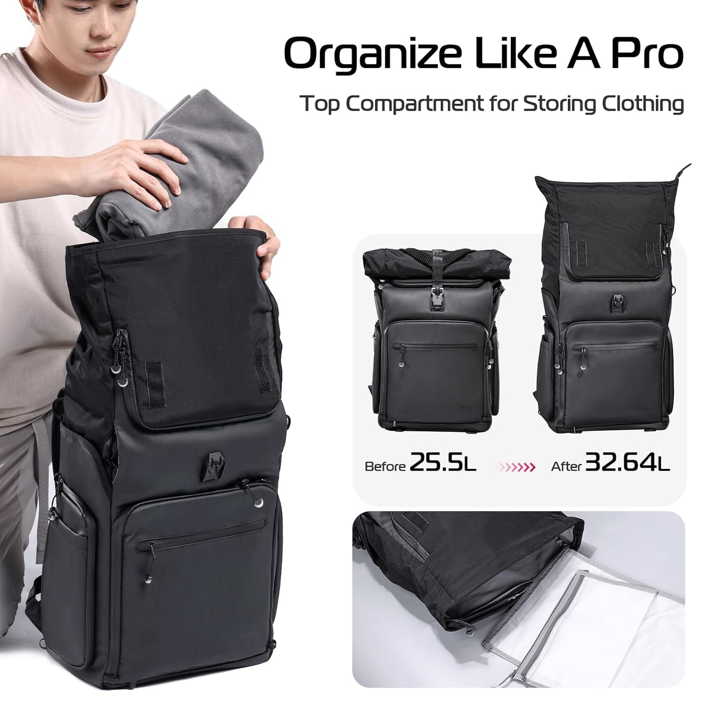 ULANZI B001 Rolltop Camera Backpack, 32.64L Professional Waterproof Photography Camera Case Travel Business 2 in 1, For Photographers Unisex DSLR Mirrorless Camera Lens Tripod Holder 16'' Laptop Black