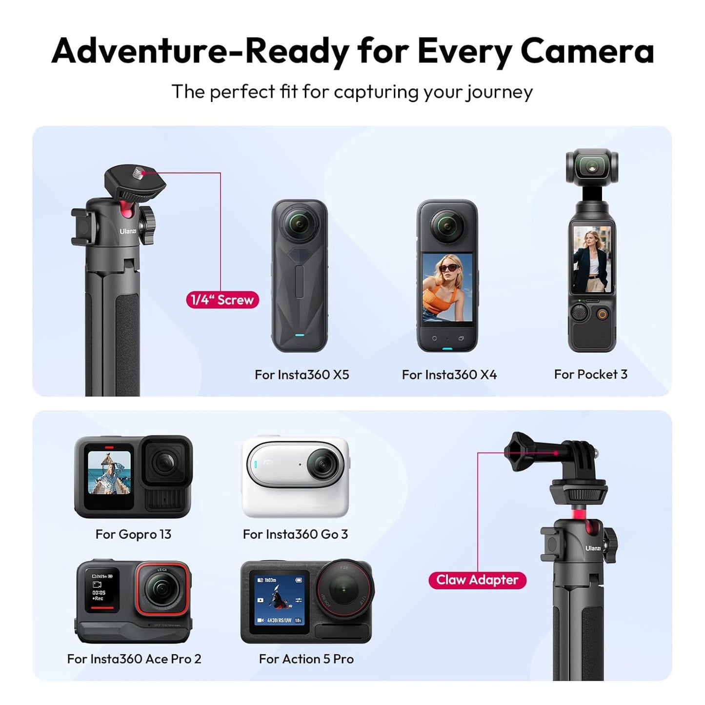 UURig Extendable Phone Camera Tripod, 4 Levels Adjustment 360° Ball Head Cold Shoe Lightweight Portable Vlog Travel Selfie Stick Handle Grip Desktop Webcam Tripod for iPhone DSLR Sony Gopro, Black