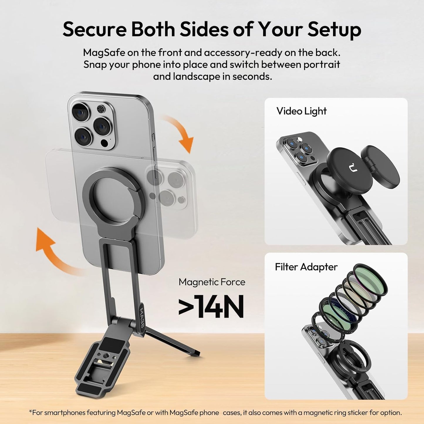 ULANZI MA38 Magnetic Phone Tripod for iPhone, Portable Phone Holder Mini Tripod for Magsafe with Double-Sided 1/4'' Screw Arca Uka Port Foldable Hook for iPhone 17/16/15/14/13/12, Travel Vlog Black