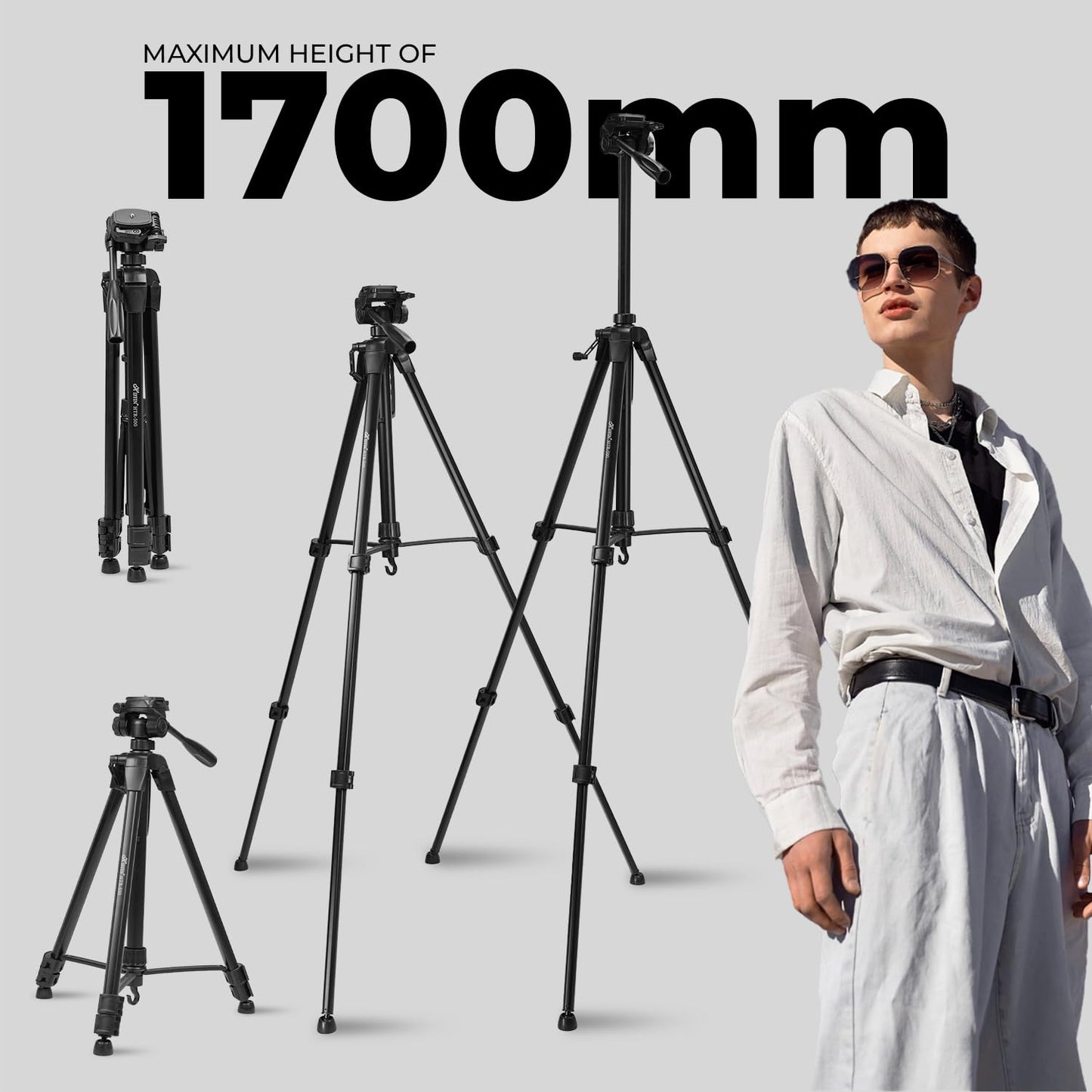 HIFFIN HTR-500 1700mm Lightweight Tripod with Mobile Holder & Carry Bag | 5kg Load Capacity | 3-Section Adjustable Stand for DSLR, Camera & Smartphone | Portable & Stable Tripod Stand