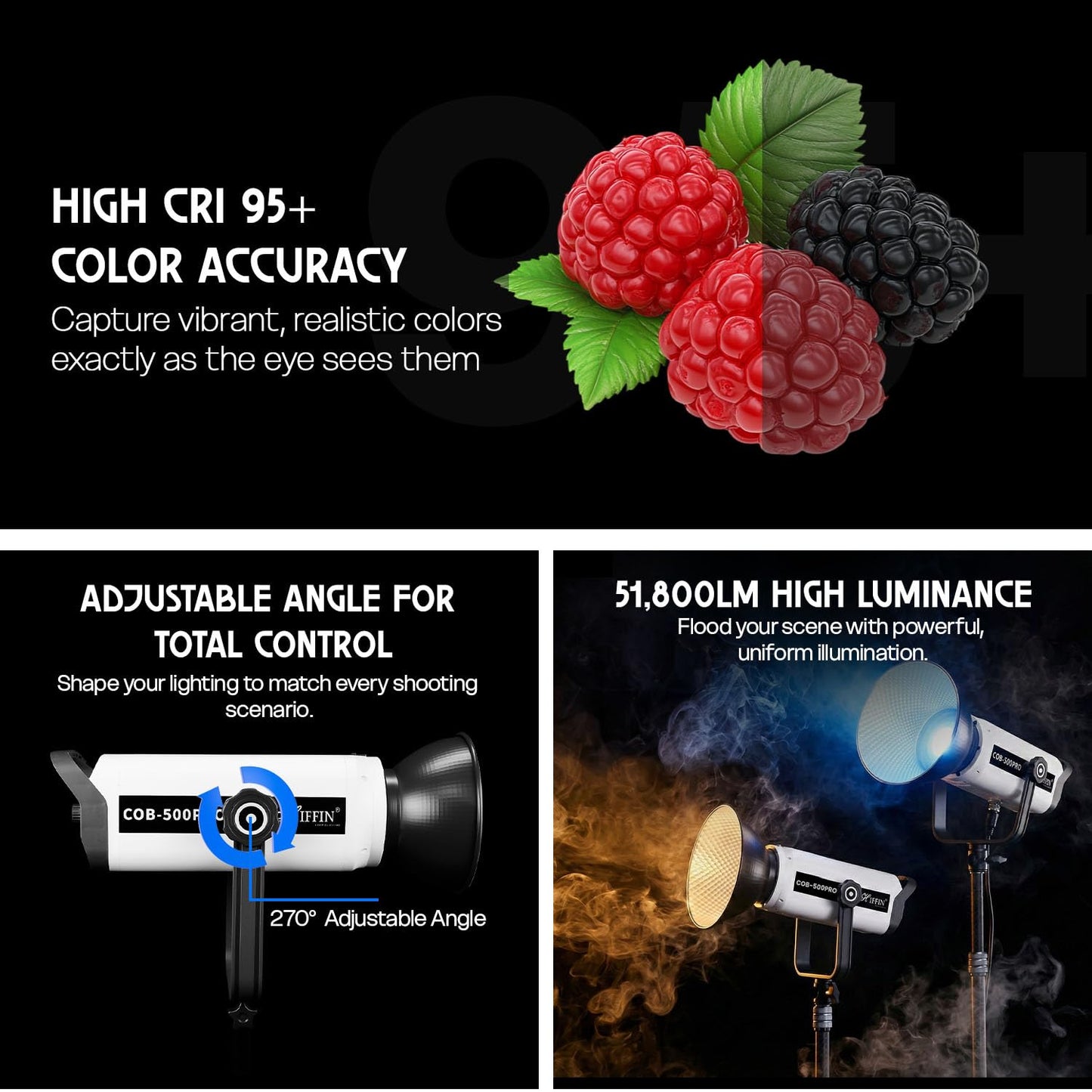HIFFIN (COB-500 Pro) 500W Bi-Color Continuous LED Video Light with Bowens Mount, Remote Control & Silent Cooling Fan, AC Power, 2800K–6800K CCT., 51800 Lux @1m, CRI 95+, Ideal for Photo & Videography