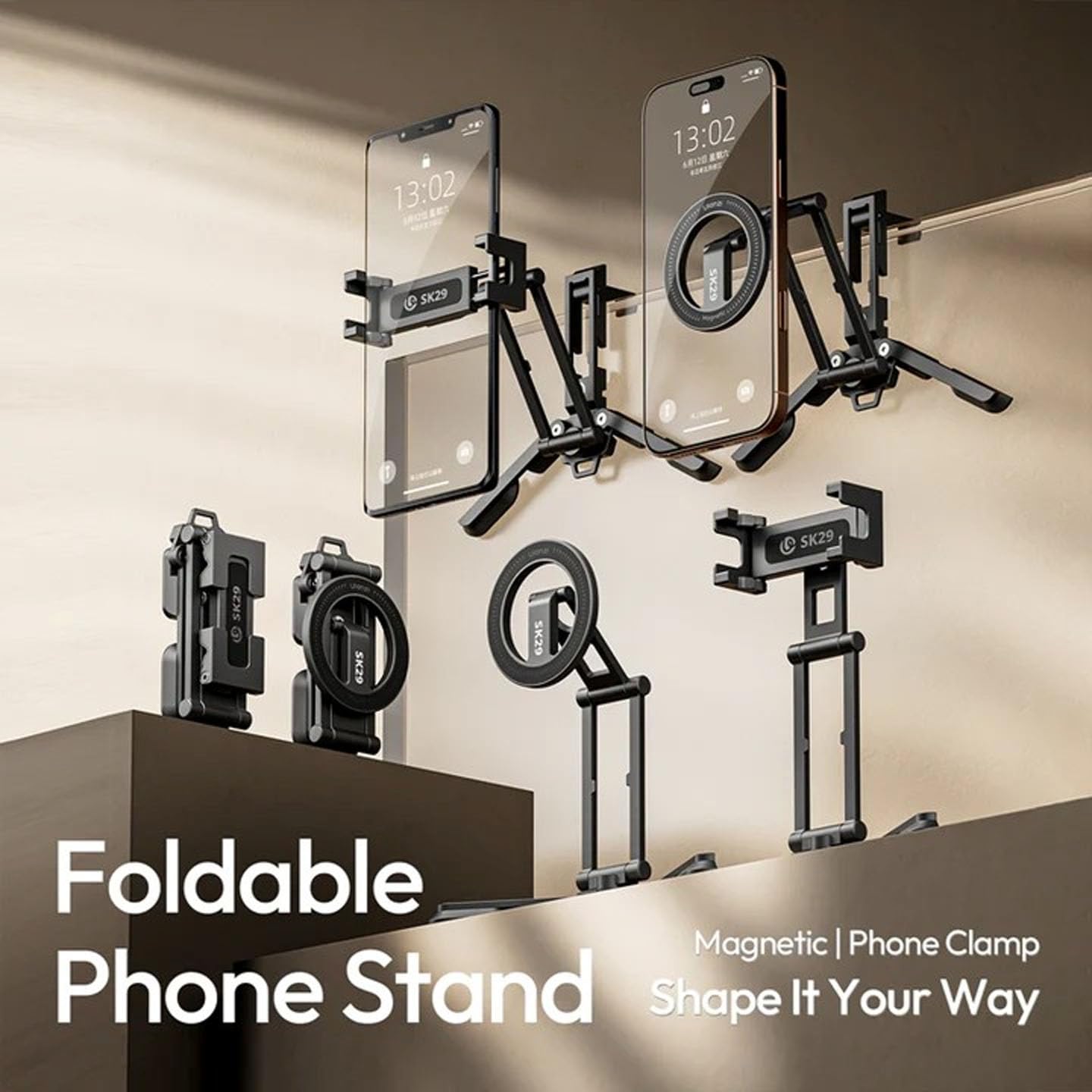 ULANZI SK29 5-in-1 Phone Holder & Mini Tripod with Clamp, Premium Aluminum Mobile Stand with Adjustable Angle, 1/4” Screw Mount for Tripod, Vlogging, YouTube & Video Calls (Black)