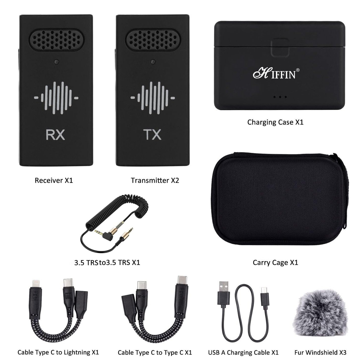 Hiffin HWM-50 Wireless Microphone System for Camera & Smartphone - Compact & Lightweight, Noise Cancellation, Multi-Person Recording, Portable Charging Case