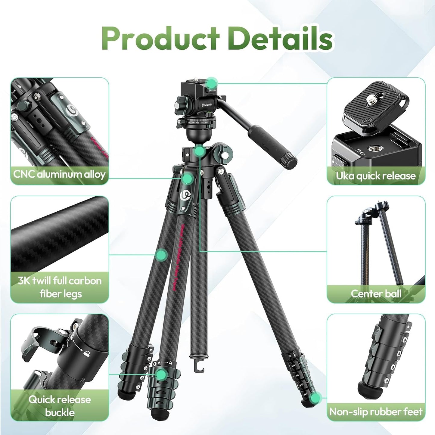 ULANZI JJ06 GlideGo Carbon Fiber Video Tripod, Dual 360° Pan Head, 73.6 inch Max Height, 11 lb Load, Quick Release Plate