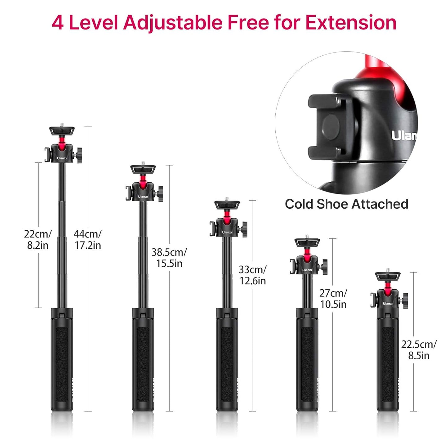 UURig Extendable Phone Camera Tripod, 4 Levels Adjustment 360° Ball Head Cold Shoe Lightweight Portable Vlog Travel Selfie Stick Handle Grip Desktop Webcam Tripod for iPhone DSLR Sony Gopro, Black