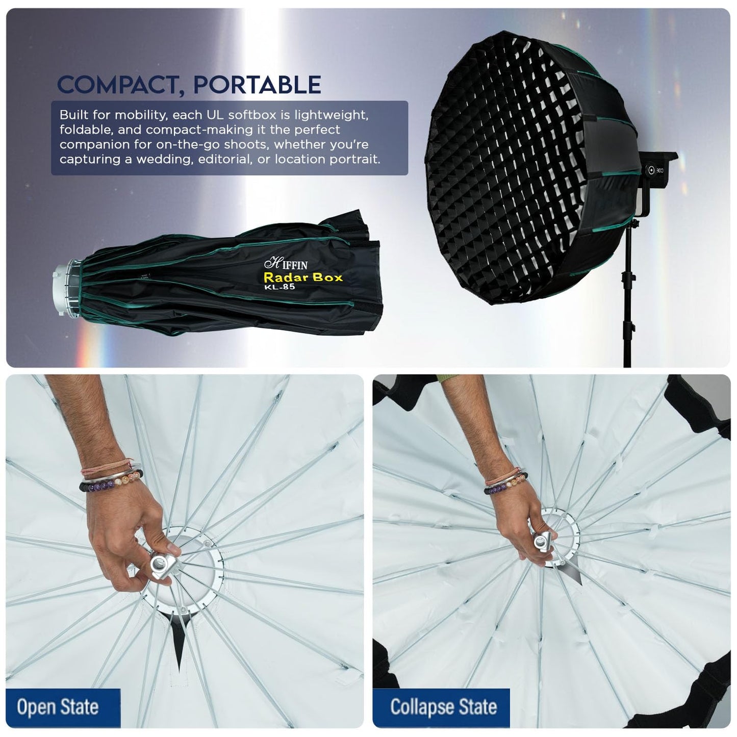 HIFFIN KL-85 (85cm) Octagonal Softbox Quick Release | Bowens Mount with Grid, 2 Diffusers & Beauty Dish | for Hiffin COB Lights & All Bowens Mount Studio Lights