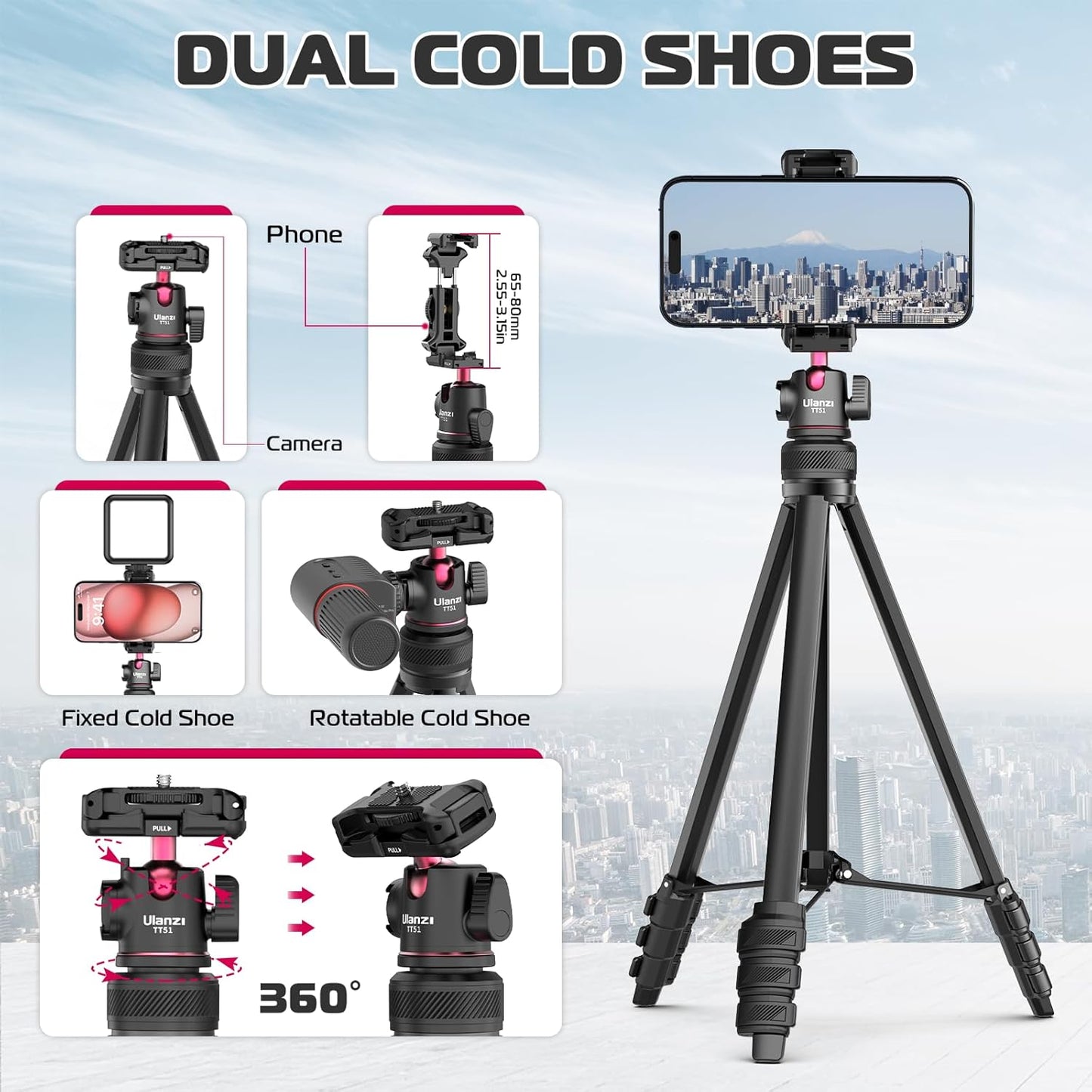 ULANZI Select TT51 Portable Tripod Stand I 360° Rotable Ball Head I Hidden Cold Shoe Phone Holder I 600g Lightweigt I 1.38m/51in Long I 5 Section Extenable Vlog Tripod