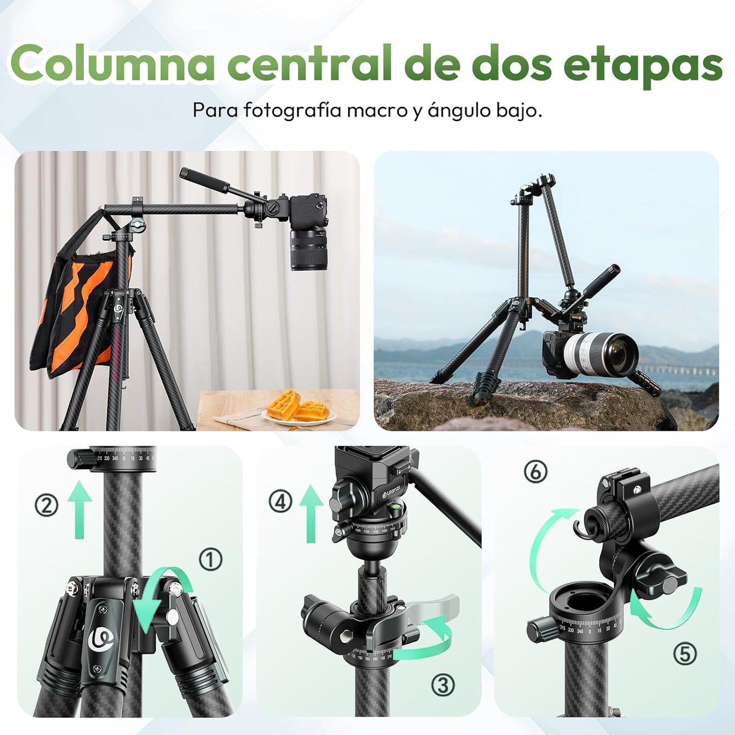 Ulanzi JJ06 Professional Camera Tripod Stand with Dual 360° Fluid Head, Dual Center Column, Ball Head, Quick Release Plate, Compatible with Arca for DSLR, Video