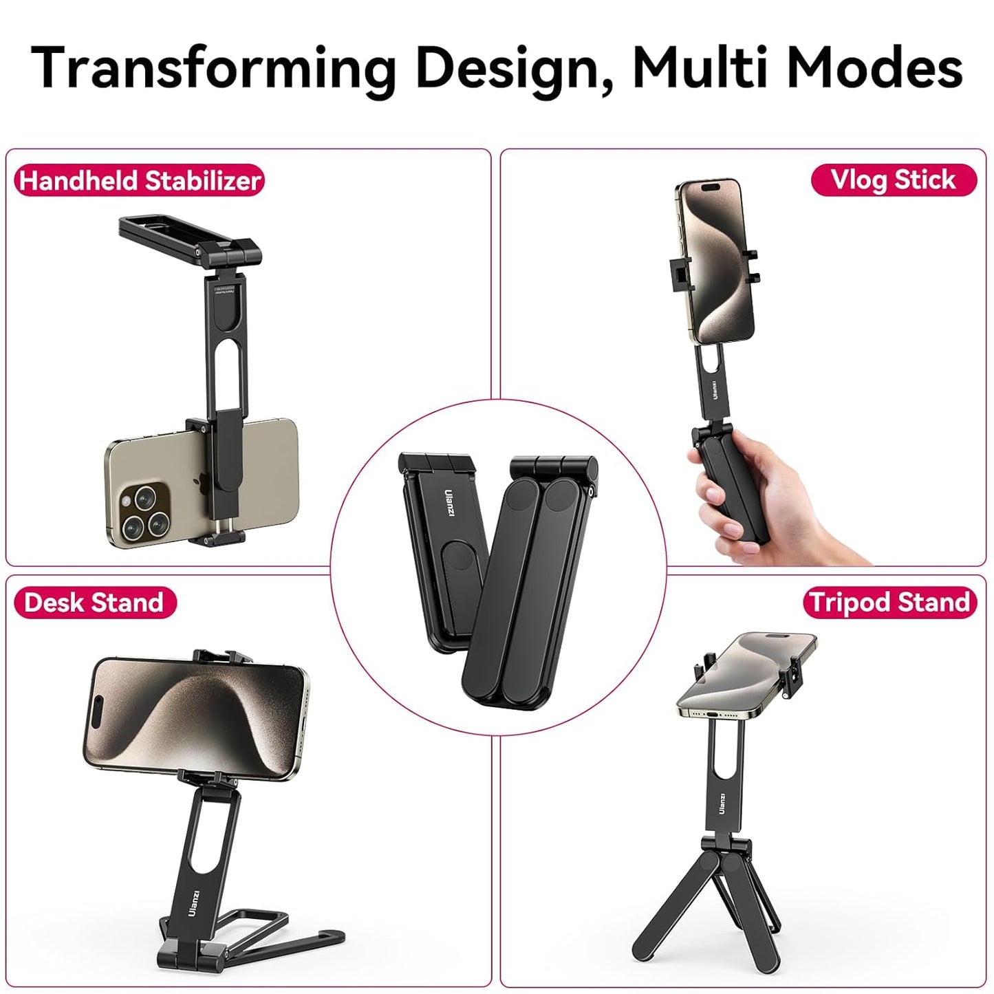 ULANZI MA26 Foldable Phone Tripod - Pocket Cell Phone Vlog Video Tripod Handle Aluminium Smartphone Desk Stand 2 Cold Shoe Compact Size All in One Lightweight Portable Vlog Stick for iPhone Samsung