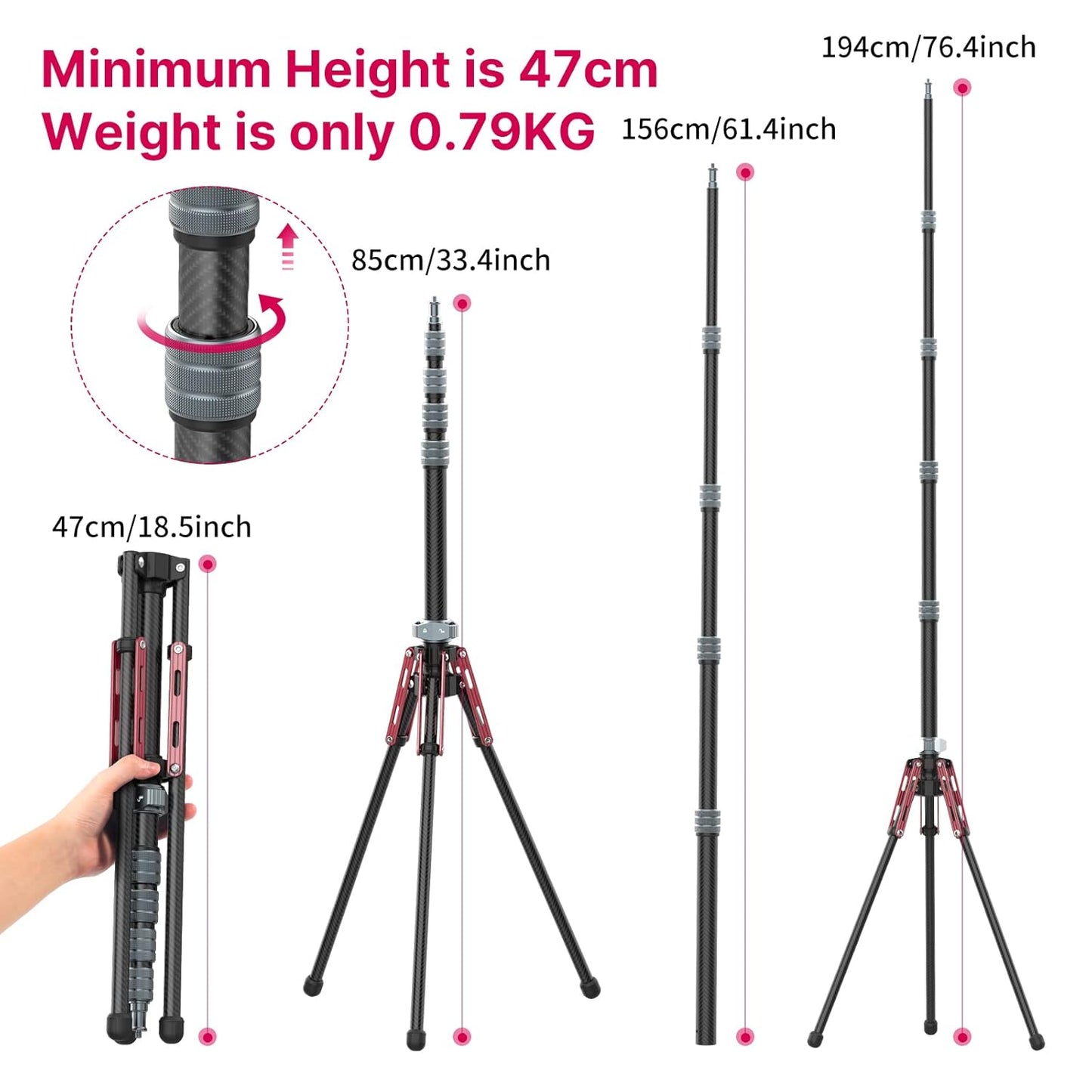 ULANZI Light Stand Carbon Fiber MT-49, Adjustable Tripod Stand for Photography with Phone Clip, 194cm/76.4inch Studio Sturdy Tripod for Speedlight Flash Softbox Strobe Light Camera with Carrying Bag