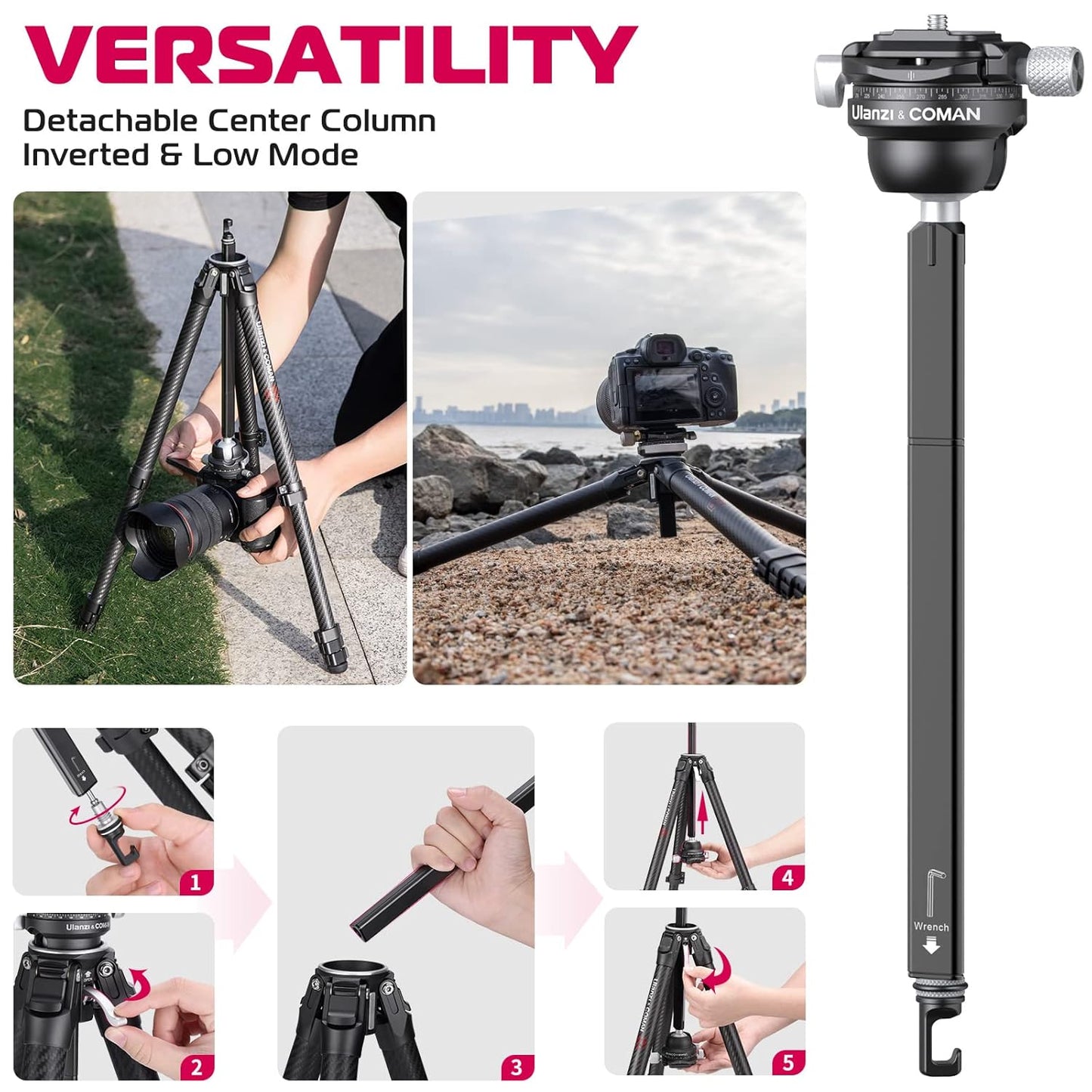 ULANZI Zero Y Professional Camera Tripod, Lightweight Travel Carbon Fiber Camera Tripod with Quick Release 1/4" Screw & 360° Ballhead, for Most Cameras/DSLR/Projector, Weight 2lb, Maxload 39lb, Black