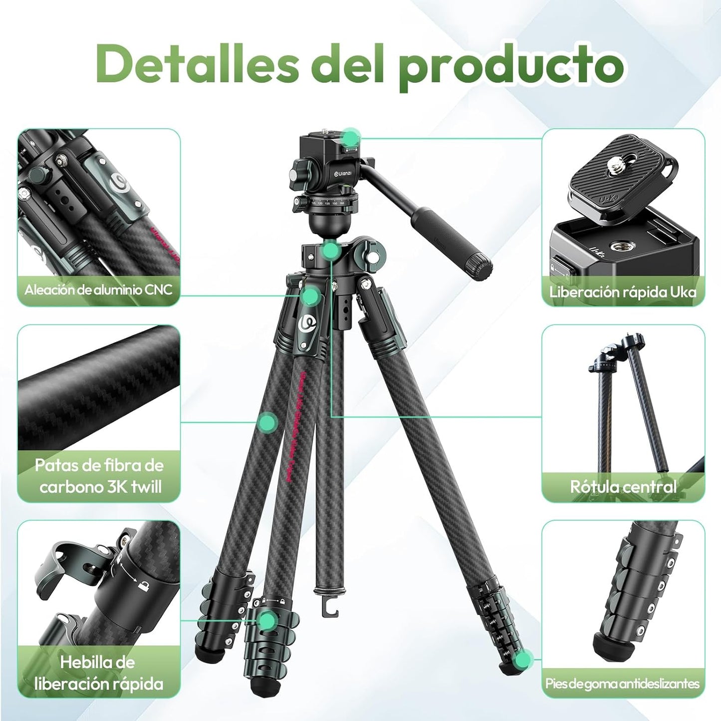 Ulanzi JJ06 Professional Camera Tripod Stand with Dual 360° Fluid Head, Dual Center Column, Ball Head, Quick Release Plate, Compatible with Arca for DSLR, Video