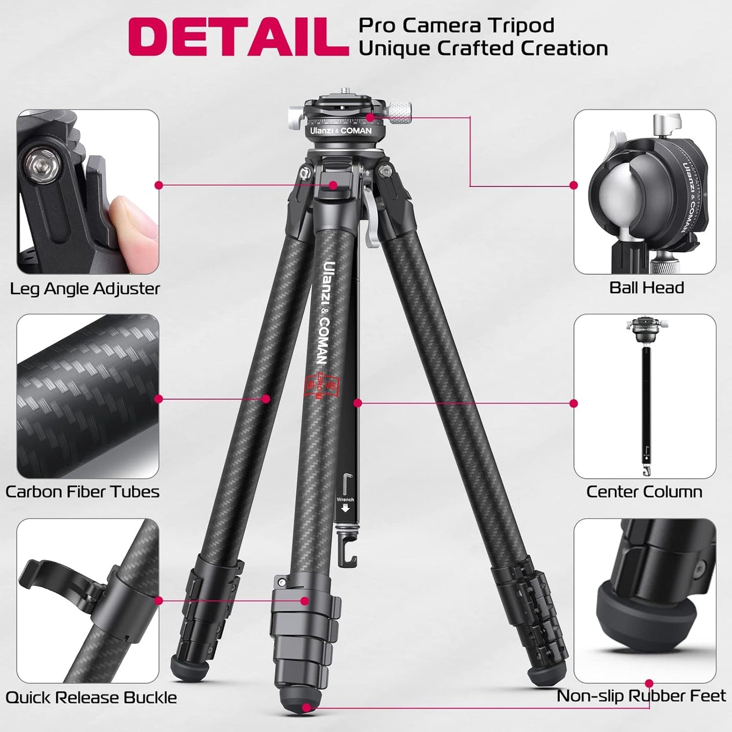 ULANZI Zero Y Professional Camera Tripod, Lightweight Travel Carbon Fiber Camera Tripod with Quick Release 1/4" Screw & 360° Ballhead, for Most Cameras/DSLR/Projector, Weight 2lb, Maxload 39lb, Black