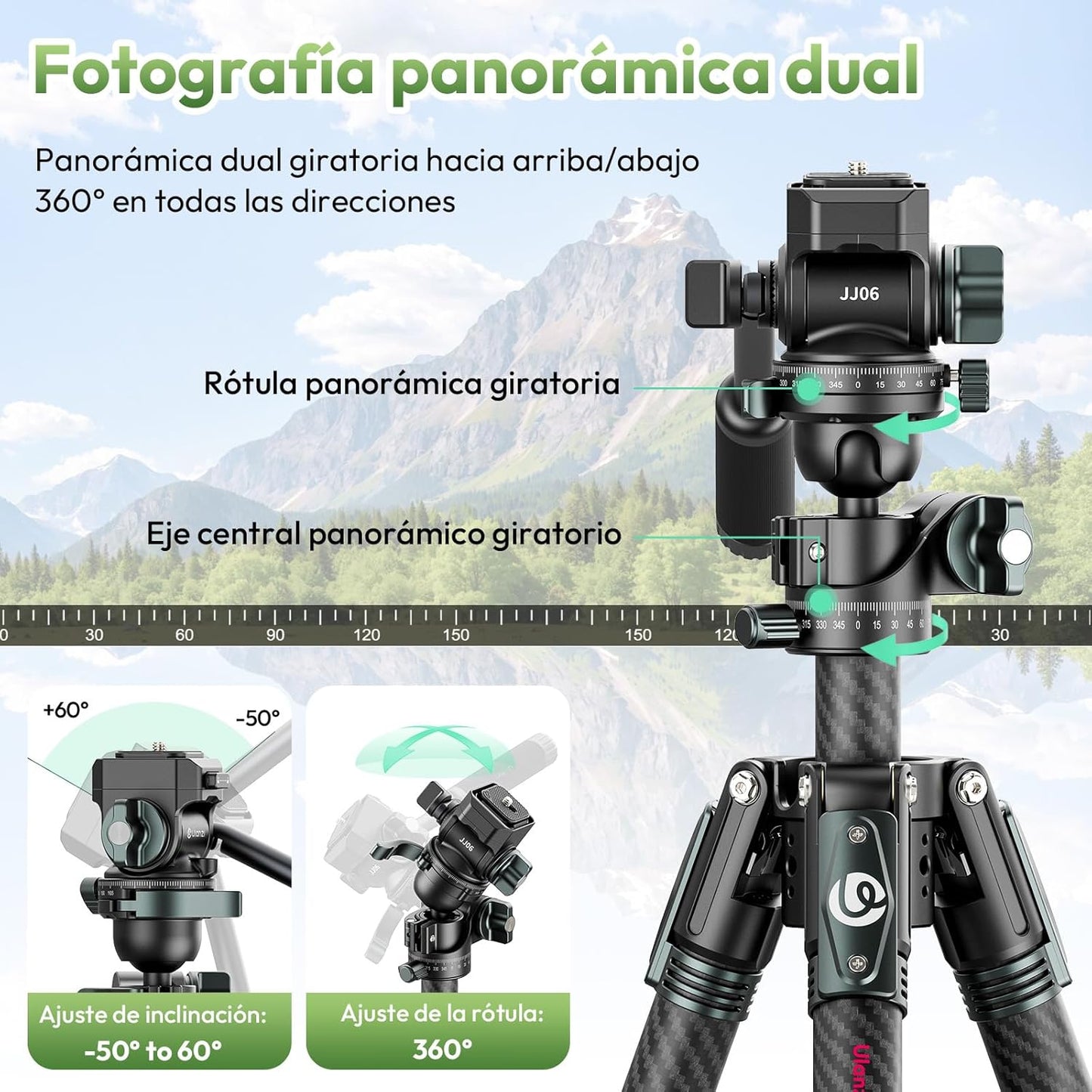 Ulanzi JJ06 Professional Camera Tripod Stand with Dual 360° Fluid Head, Dual Center Column, Ball Head, Quick Release Plate, Compatible with Arca for DSLR, Video