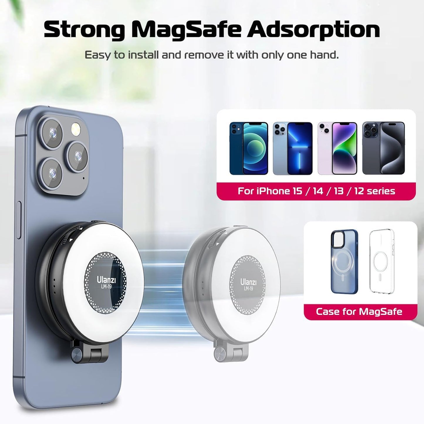 ULANZI Magnetic Selfie Light, LED Fill Light Compatible with Magsafe, LED Selfie Ring Light Included Sticky Ring for Phones, for Selfies/Photography/TikTok/Zoom Calls/Video Conference Color Black