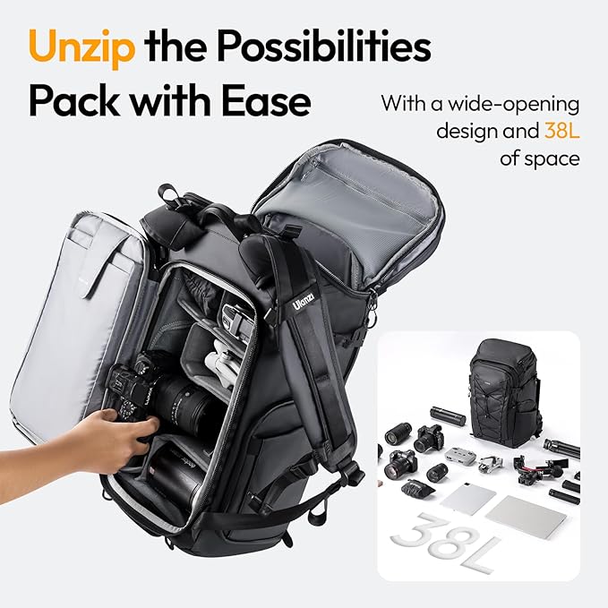 ULANZI AB01 38L Camera Backpack, Professional Camera Bag for Travel Black, Waterproof Outdoor Photography Camera Case Anti Theft for Photographers Hikers