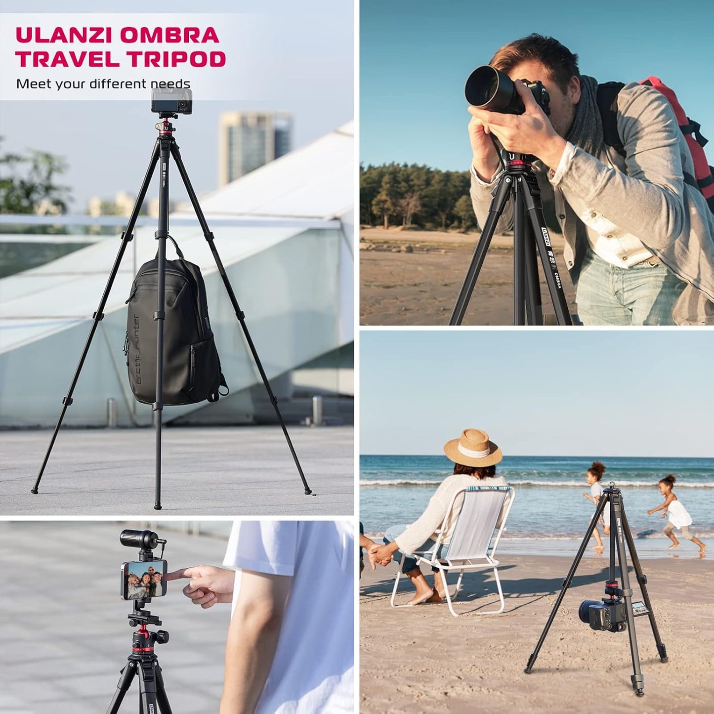 ULANZI MT-55 Ombra Travel Tripod, 62.2 Professional Camera Tripod, Aluminum, Max Load 17.6 LB, 360° Ball Head, Quick Release Plate, Phone Holder Included, Black