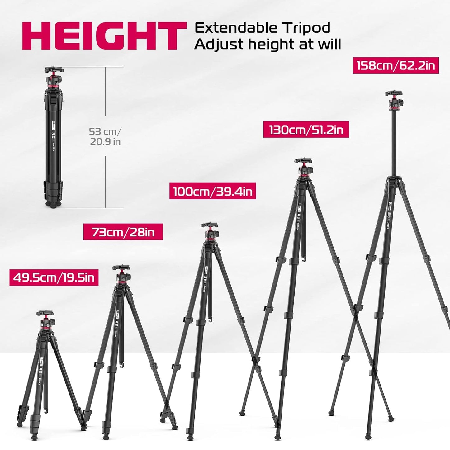 ULANZI MT-55 Ombra Travel Tripod, 62.2 Professional Camera Tripod, Aluminum, Max Load 17.6 LB, 360° Ball Head, Quick Release Plate, Phone Holder Included, Black