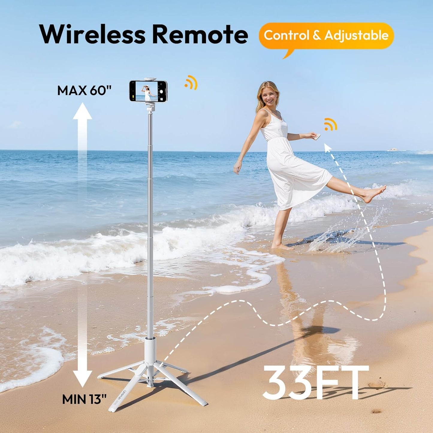 ULANZI MT86, 60" Automatic Phone Tripod Stand with Wireless Remote, Adjustable Auto‑Open Selfie Stick for iPhone Android, Portable Extendable Travel Tripod for Selfie/Vlogging, White