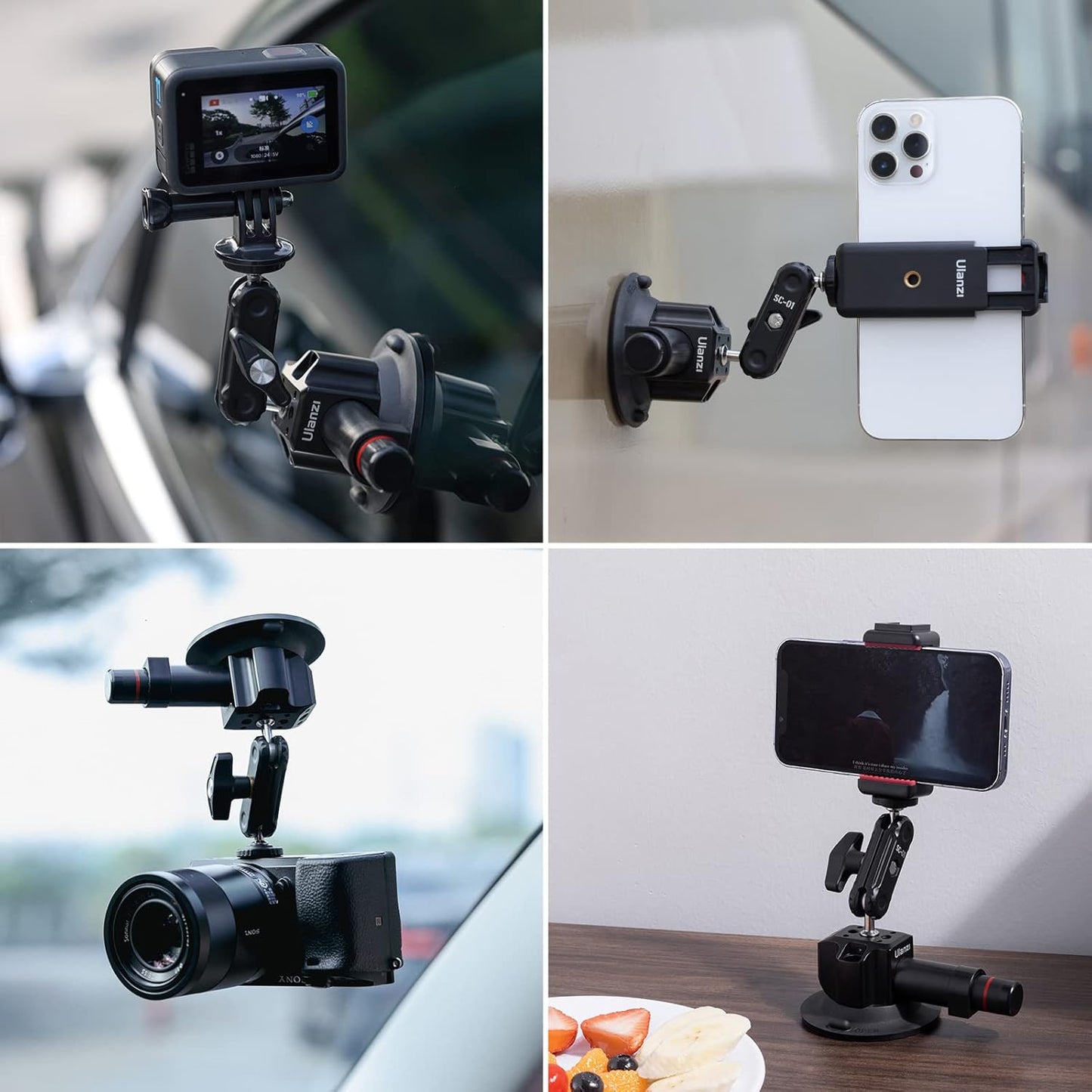 ULANZI SC-01 Suction Mount 3" for Vlogging Action Camera Car Mount w Smartphone Clamp for iPhone 14 13 Pro Max, 1/4" Magic Arm Adapter Mount Desk Suciton Mount for Car Windshield Window