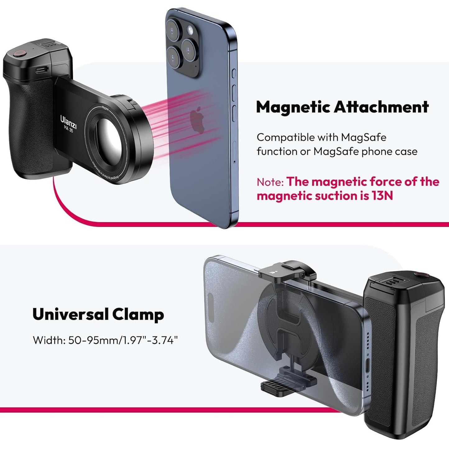 ULANZI Selfie Phone Tripod Mount MA35, 2-in-1 Magnetic & Phone Clip Camera Grip Handle Holder with Detachable Remote Shutter with Cold Shoe Adapter for iPhone 14 15 Samsung Smartphone Video Shooting