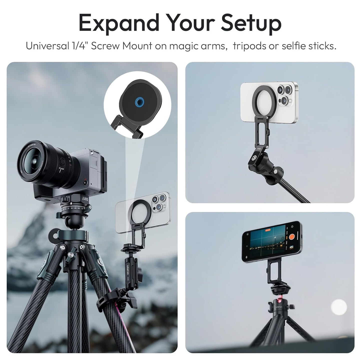 ULANZI MA50 Magnetic Phone Holder for Magsafe, Aluminium Adjustable Dual Magnetic Phone Tripod Stand with 1/4" Screw Hole for Selfie Sticks, Magic Arm, Compatible with iphone12 13 14 15 16 Series