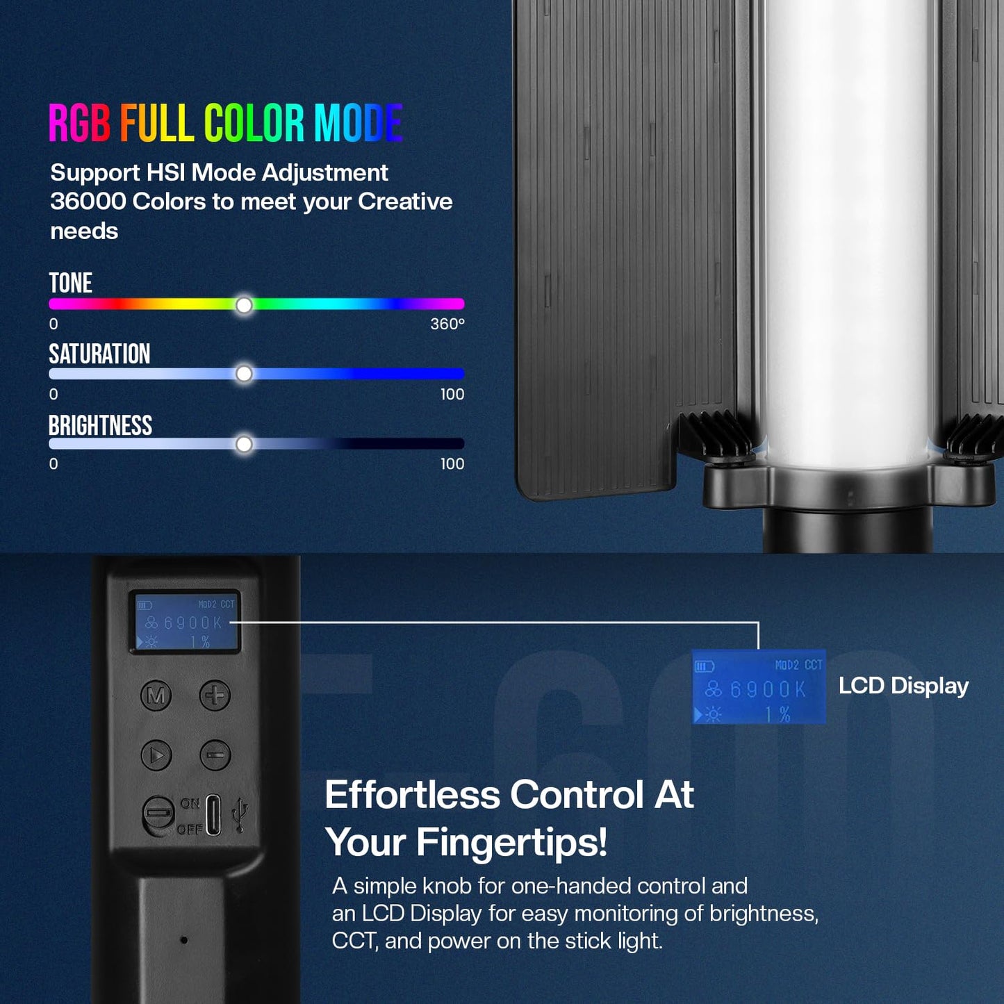 HIFFIN HF-600 RGB LED Light Stick for Photography, Photography Light with RGB CCT HSI Mode, 2500K-9900K Adjustable, 25 Fx Light Effect, Power 25W, Barndoor, 5200mah Battery for YouTube, Photoshoot