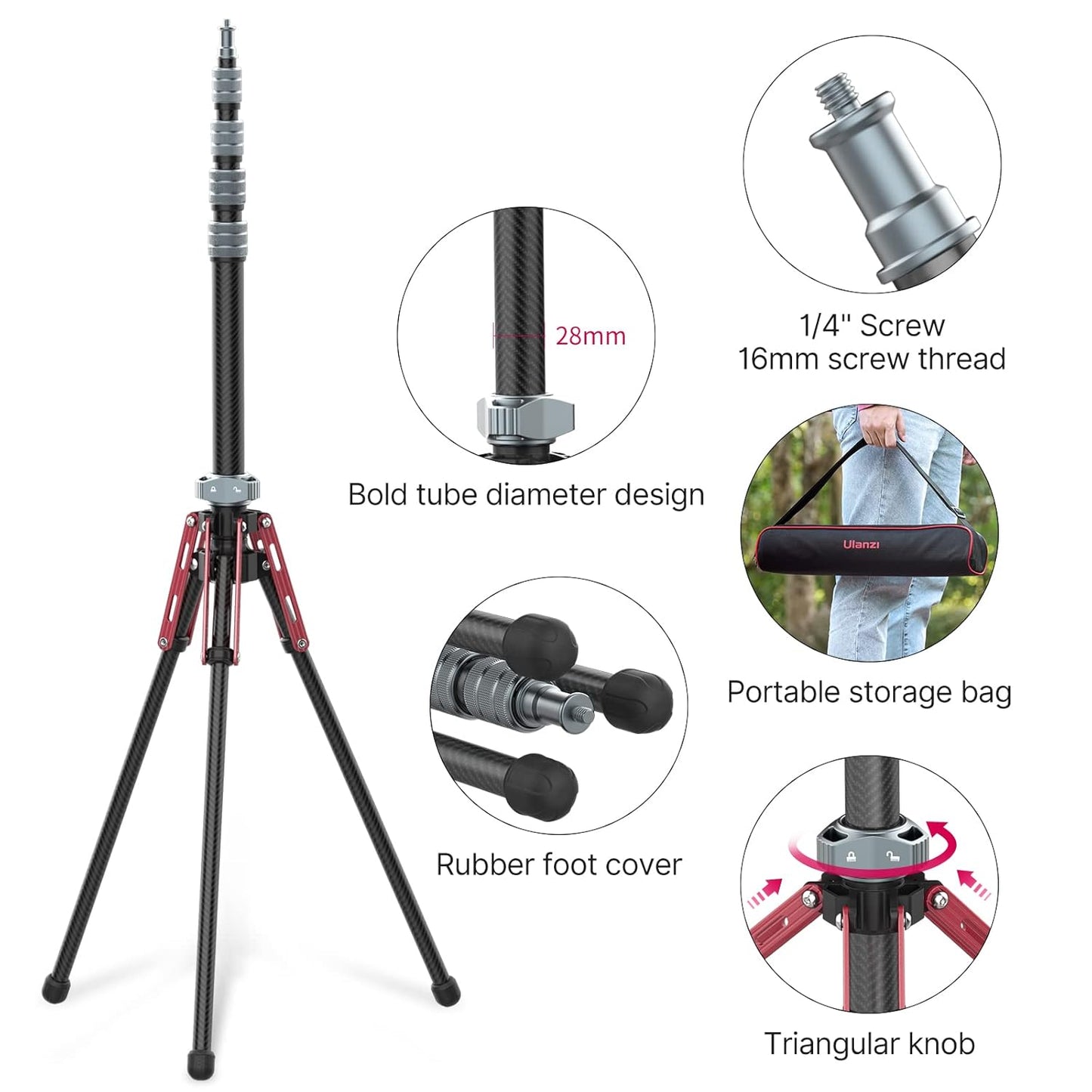 ULANZI Light Stand Carbon Fiber MT-49, Adjustable Tripod Stand for Photography with Phone Clip, 194cm/76.4inch Studio Sturdy Tripod for Speedlight Flash Softbox Strobe Light Camera with Carrying Bag