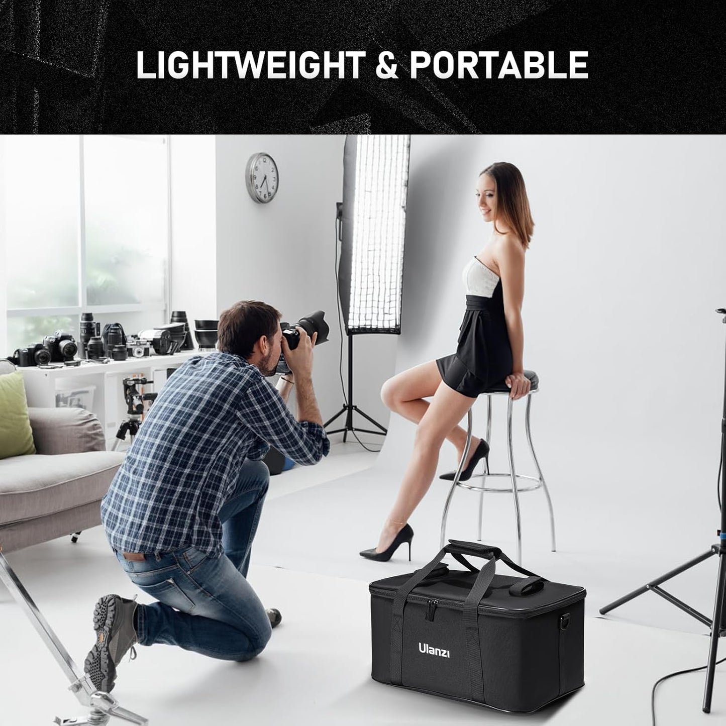 ULANZI Carrying Bag with Movable Foam Padded for Studio Light, Light Stands, Mini Softboxes, Durable Oxford Cloth Transit Bag Travel Case with Shoulder Strap & Handle, 17.13'' x 10.83'' x 8.27'',OM-01