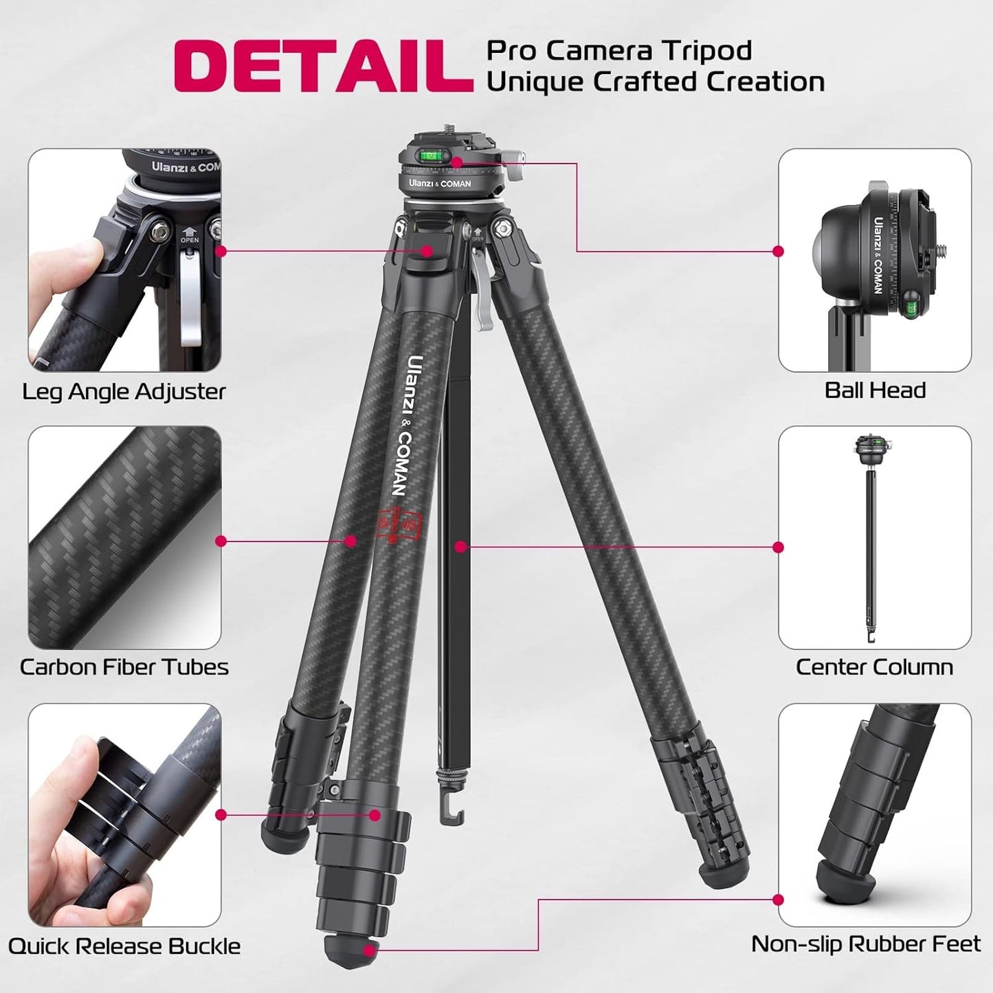 ULANZI Zero F38 Professional Camera Tripod, 62.6" Lightweight Carbon Fiber Camera Tripod with Quick Release 1/4" Screw & 360° Ballhead, for Most Cameras/DSLR/Projector, Weight 2.4lbs, Maxload 39.6lbs