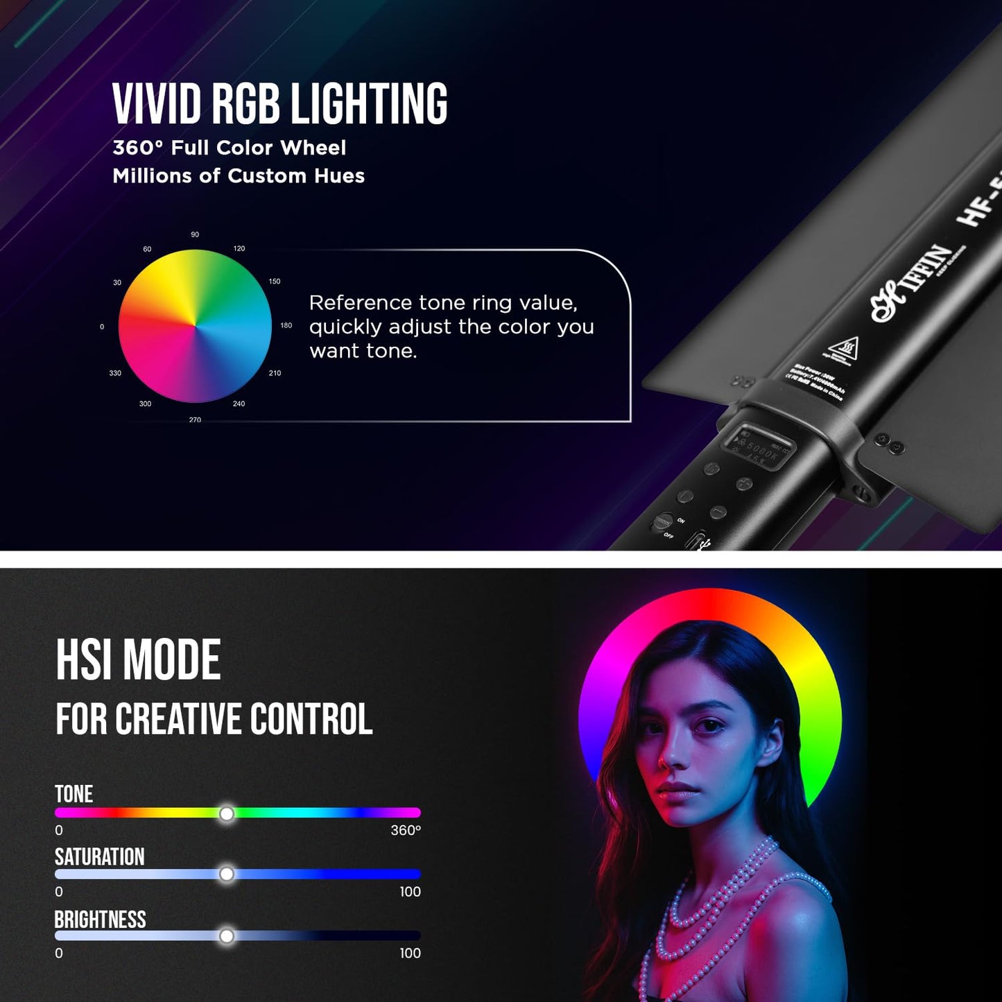 HIFFIN HF-550 RGB LED Stick Light with 30W Power, RGB CCT HSI Mode, 2500K-9900K Adjustable, 24 FX Effect, Detachable Diffuser, App Control, 4000mah Battery Stick Light for Photography & Videography
