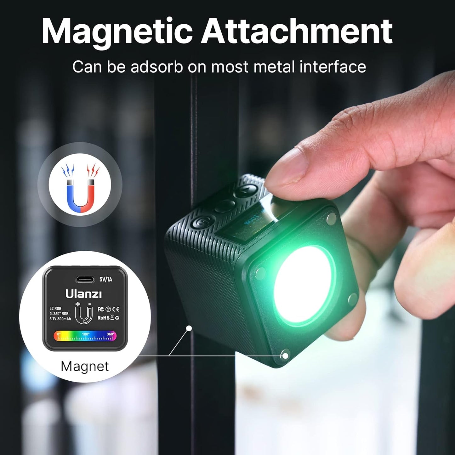 ULANZI RGB Video Light, L2 LED Camera Lights 360° Full Color Magnetic COB Pocket Mini Cube Light with Dual Cold Shoe, 11 Dynamic Effects, Rechargeable Portable Light for Photography Vlogging