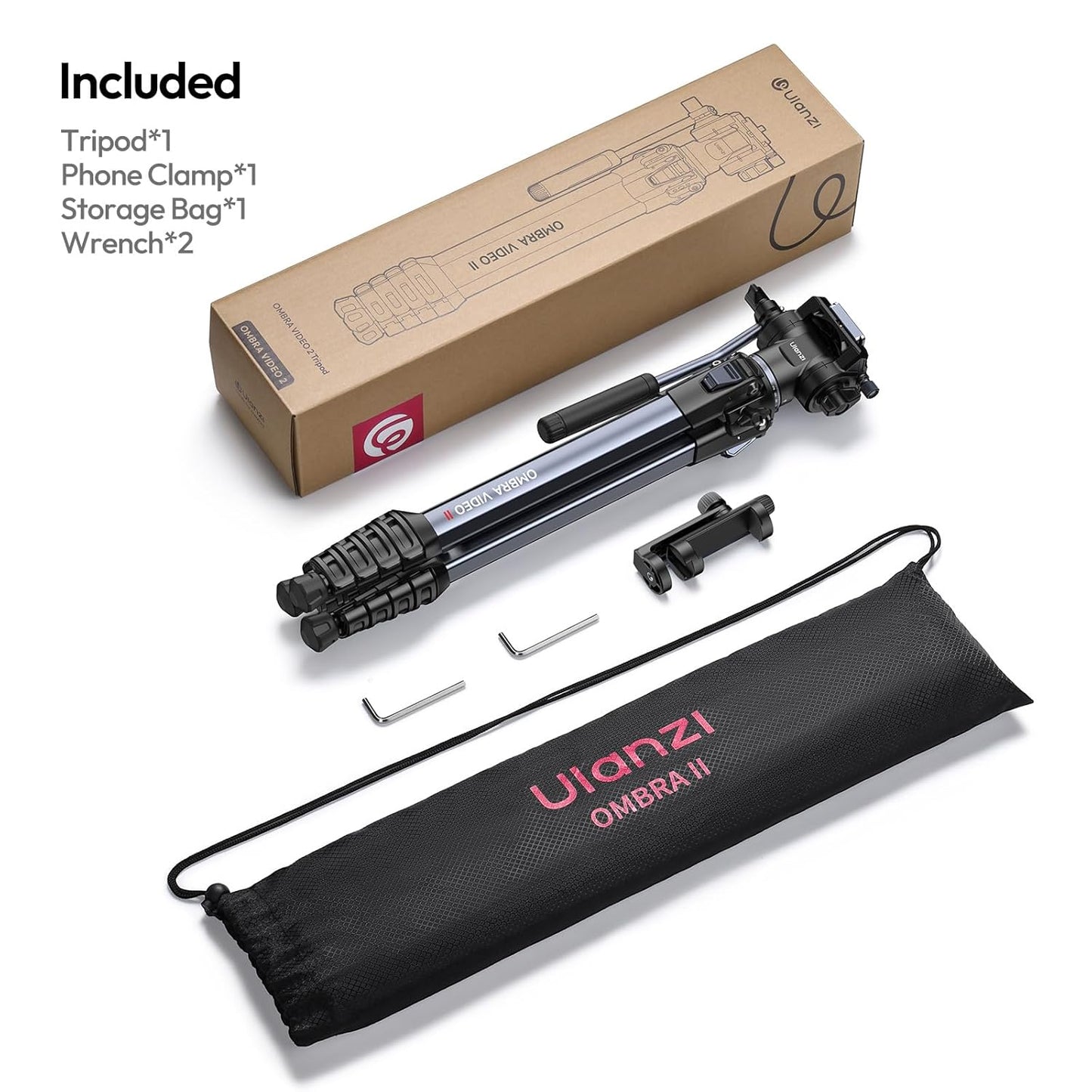 ULANZI Ombra Video Ⅱ Camera Tripod with Fluid Head, 61.5" Travel Tripod with 360° Rotated Arca Quick Release Plate, Portable Stand for Phone Camera Vlogging Video Shooting with Carry Bag Phone Clamp