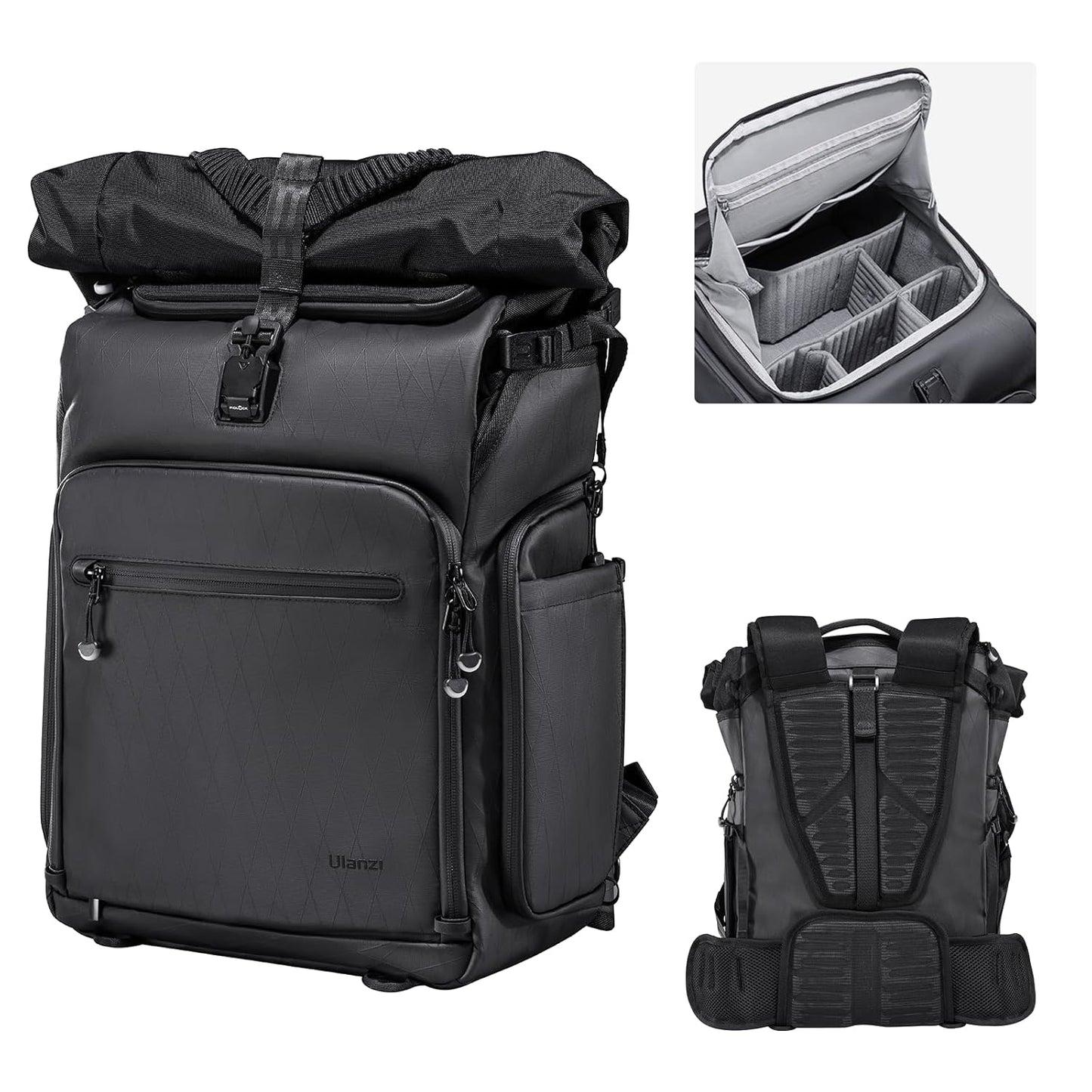 ULANZI B001 Rolltop Camera Backpack, 32.64L Professional Waterproof Photography Camera Case Travel Business 2 in 1, For Photographers Unisex DSLR Mirrorless Camera Lens Tripod Holder 16'' Laptop Black