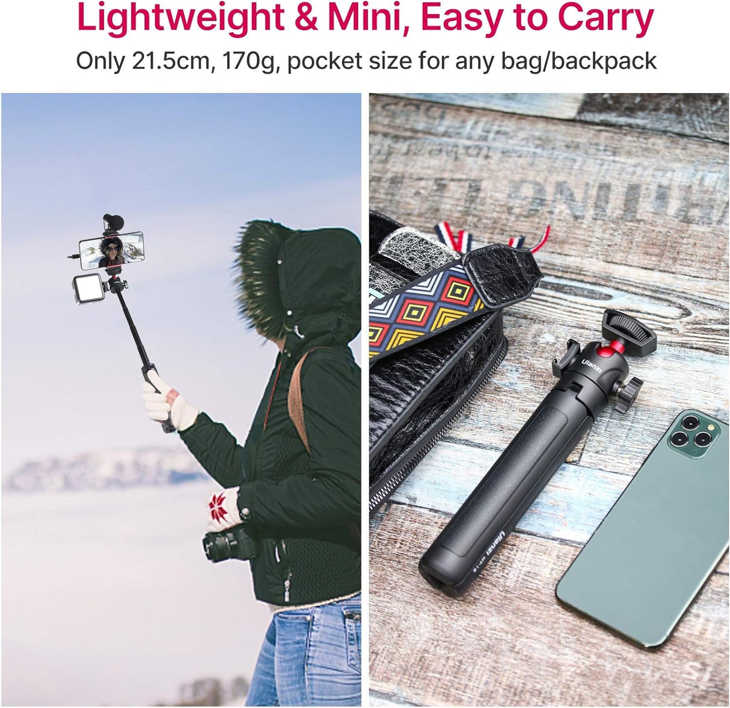 UURig Extendable Phone Camera Tripod, 4 Levels Adjustment 360° Ball Head Cold Shoe Lightweight Portable Vlog Travel Selfie Stick Handle Grip Desktop Webcam Tripod for iPhone DSLR Sony Gopro, Black