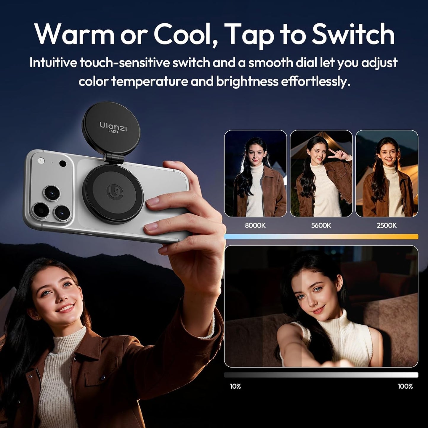 ULANZI LM21 Dual Sided Magnetic Selfie Ring Light for Phone with Magsafe | for iPhone/Android, 8000K CRI≥95, Touch Control, Extendable, Rechargeable, for Vlog,Video Call,TikTok,Video Call,Live Stream