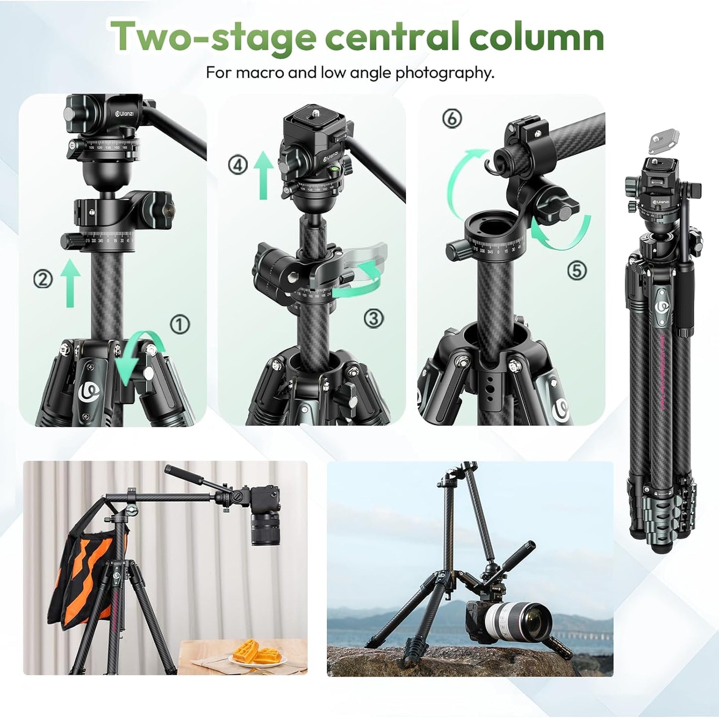 ULANZI JJ06 GlideGo Carbon Fiber Video Tripod, Dual 360° Pan Head, 73.6 inch Max Height, 11 lb Load, Quick Release Plate