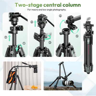 ULANZI JJ06 GlideGo Carbon Fiber Video Tripod, Dual 360° Pan Head, 73.6 inch Max Height, 11 lb Load, Quick Release Plate