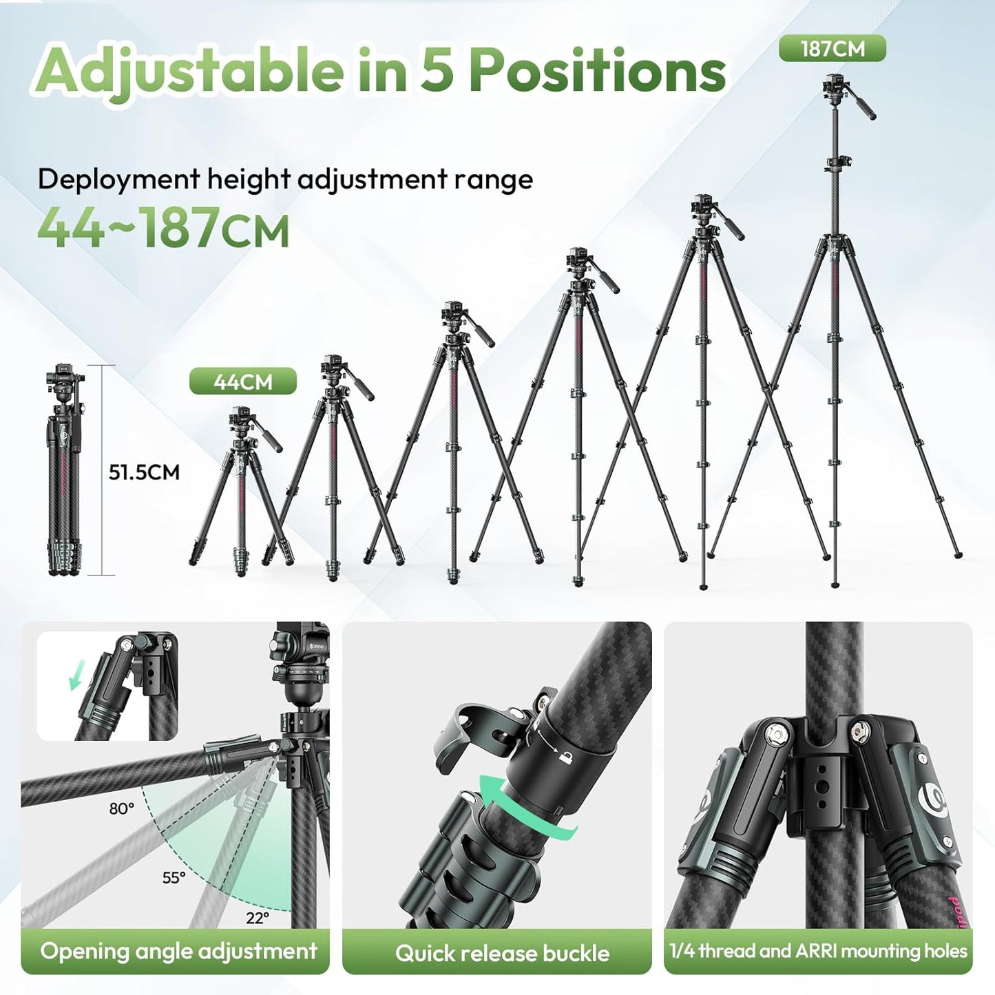 ULANZI JJ06 GlideGo Carbon Fiber Video Tripod, Dual 360° Pan Head, 73.6 inch Max Height, 11 lb Load, Quick Release Plate